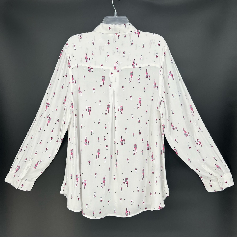 Beach Lunch Lounge Womens Top Wine Theme Print Long Roll Tab Sleeve Button Up - Picture 2 of 14